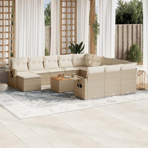 SDWEHO7 13er-Set Gartenmöbel, Outdoor Sitzgruppe mit Auflagen & Gartentisch, Balkonmöbel Balkonset Terrassenmöbel Garten Lounge Set, Beige Poly Rattan von SDWEHO7