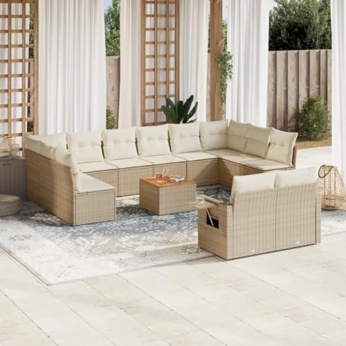 SDWEHO7 13er-Set Gartenmöbel, Outdoor Sitzgruppe mit Auflagen & Gartentisch, Balkonmöbel Balkonset Terrassenmöbel Garten Lounge Set, Beige Poly Rattan von SDWEHO7