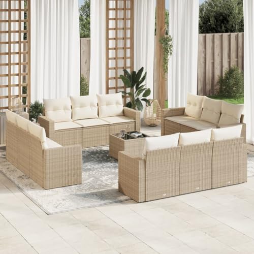 SDWEHO7 13er-Set Gartenmöbel, Outdoor Sitzgruppe mit Auflagen & Gartentisch, Balkonmöbel Balkonset Terrassenmöbel Garten Lounge Set, Beige Poly Rattan von SDWEHO7
