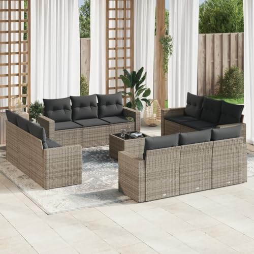 SDWEHO7 13er-Set Gartenmöbel, Outdoor Sitzgruppe mit Auflagen & Gartentisch, Balkonmöbel Balkonset Terrassenmöbel Garten Lounge Set, Grau Poly Rattan von SDWEHO7