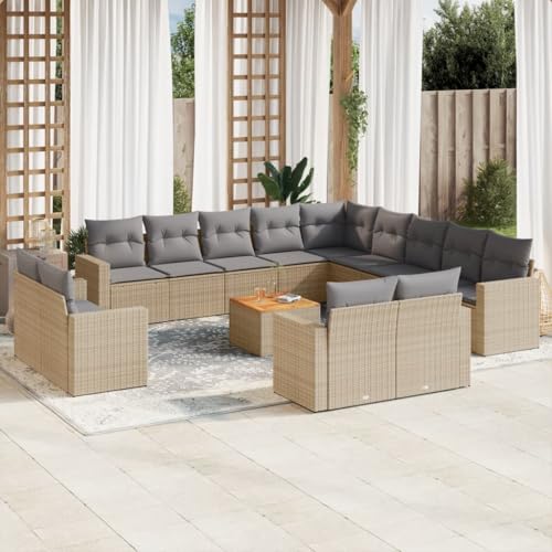 14er-Set Gartenmöbel, Outdoor Sitzgruppe mit Auflagen & Gartentisch, Balkonmöbel Balkonset Terrassenmöbel Garten Lounge Set, Beige Poly Rattan von SDWEHO7