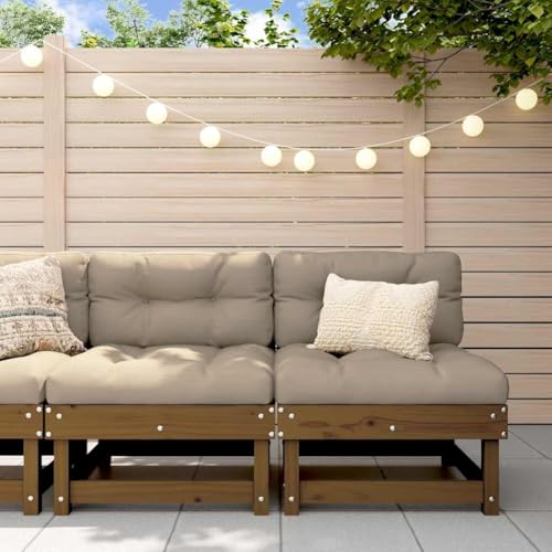 SDWEHO7 2er-Set Gartensofa, 2-Sitzer Lounge Sofa mit Kissen, Outdoor Gartenmöbel Mittelsofa Terrassensofa Gartenbank Gartenlounge Sofa, Honigbraun Massivholz Kiefer von SDWEHO7