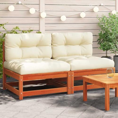 SDWEHO7 2er-Set Gartensofa Lounge Sofa Outdoor Gartenmöbel ohne Armlehnen Gartenstuhl Terrassensofa Gartenlounge Sofa mit Kissen Wachsbraun Holz von SDWEHO7