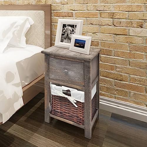 SDWEHO7 2er Set Nachtschrank mit 1 Schublade und 1 Weidenkorb, Beistellschrank, Nachttisch, Telefontisch für Schlafzimmer und Wohnzimmer, Beistelltisch, Holz Braun 28 x 31 x 45 cm von SDWEHO7