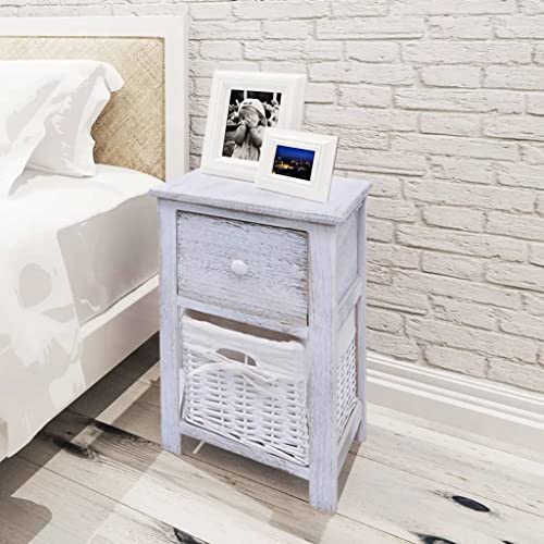 SDWEHO7 2er Set Nachtschrank mit 1 Schublade und 1 Weidenkorb, Beistellschrank, Nachttisch, Telefontisch für Schlafzimmer und Wohnzimmer, Beistelltisch, Holz Weiß 28 x 31 x 45 cm von SDWEHO7