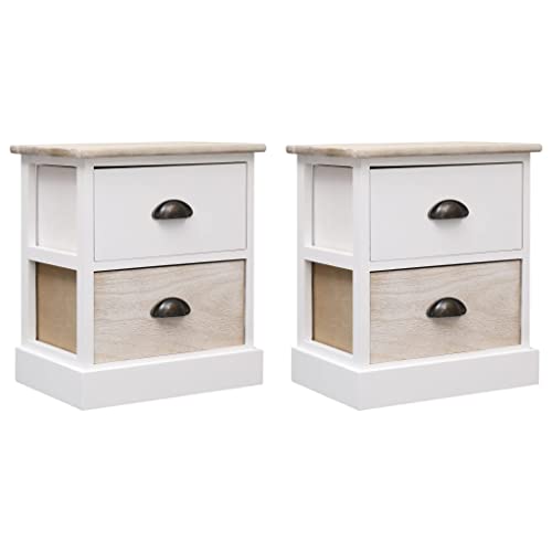 SDWEHO7 2er Set Nachtschrank mit 2 Schublade, Nachttisch, Telefontisch, Beistelltisch für Schlafzimmer und Wohnzimmer, Lampentisch, Bettschränke, Weiß und Natur 38x28x45 cm Paulownia-Holz von SDWEHO7