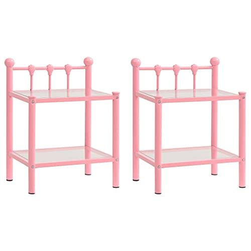 SDWEHO7 2er Set Nachtschrank mit Glasablage, Metallgestell, Beistelltisch, Nachttisch, Beistellschränke für Schlafzimmer und Wohnzimmer, Rosa Transparent Metall und Glas von SDWEHO7