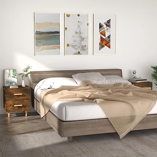 SDWEHO7 2er Set Nachttisch, Beistelltisch, Nachtschrank mit 2 Schublade und 4 Holzbeinen, Beistellschrank aus Holz, Nachtkommode für Schlafzimmer/Wohnzimmer, Räuchereiche 40x35x47,5 cm von SDWEHO7