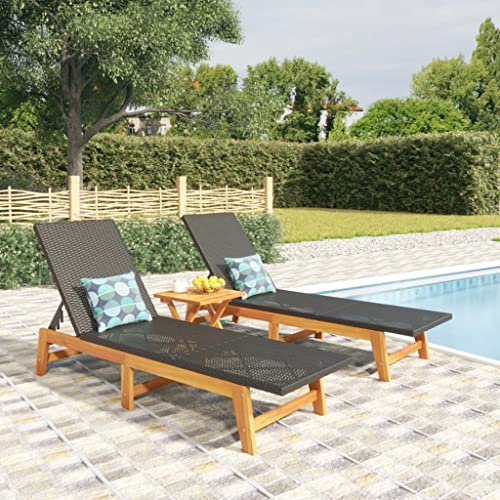 SDWEHO7 2er Set Sonnenliegen, Garten Liegestuhl, Gartenliege, Outdoor Liege für Balkon Terrasse, Schwarz Braun Poly Rattan Massivholz Akazie von SDWEHO7