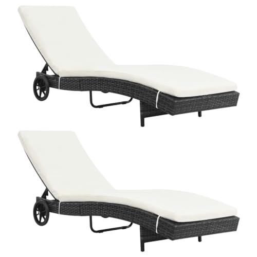 SDWEHO7 2er Set Sonnenliegen, Liegestuhl, Gartenliege mit Rollen und Auflagen, Outdoor Liege für Garten Balkon Terrasse, Poly Rattan Schwarz von SDWEHO7