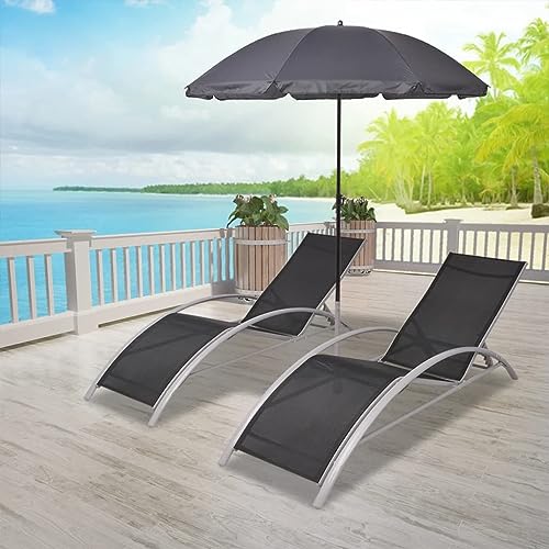 SDWEHO7 2er Set Sonnenliegen, Outdoor Liege aus Aluminium und Textilene, Gartenliege mit Schirm, wetterfest, Chaiselongue für Balkon und Terrasse, Schwarz von SDWEHO7
