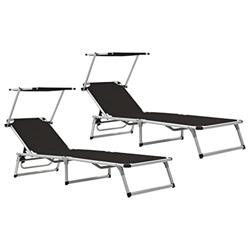 SDWEHO7 2er Set Sonnenliegen, klappbarer Liegestuhl, Liege mit Sonnenschutz, Verstellbarer Rückenlehne, Strandliege für Garten Pool Terrasse, Alu Textilene Schwarz von SDWEHO7