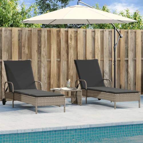 SDWEHO7 2er Set Sonnenliegen aus Holz, Klappbarer Liegestuhl, Gartenliege mit Auflagen, wetterfest Outdoor Relaxliege für Balkon und Terrasse, Hellgrau Poly Rattan von SDWEHO7