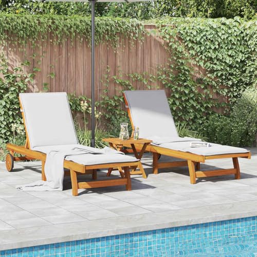 SDWEHO7 2er Set Sonnenliegen aus Holz, Klappbarer Liegestuhl, Gartenliege mit Tisch, Rollen & Verstellbarer Rückenlehne, Outdoor Relaxliege für Balkon und Terrasse, Massivholz Akazie von SDWEHO7