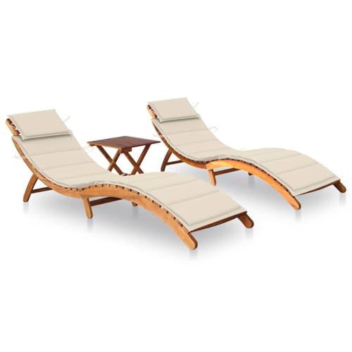 SDWEHO7 2er Set Sonnenliegen aus Holz, Klappbarer Liegestuhl, Gartenliege mit Tisch & Auflagen, wetterfest Outdoor Relaxliege für Balkon und Terrasse, Massivholz Akazie von SDWEHO7