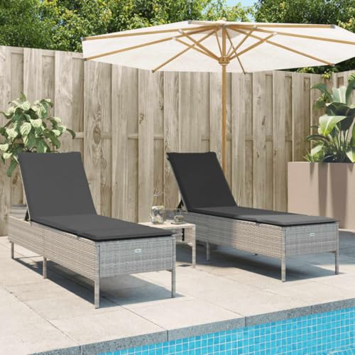 SDWEHO7 2er Set Sonnenliegen aus PE Rattan, Garten Liegestuhl, Gartenliege mit Auflagen & Tisch, Outdoor Relaxliege für Balkon und Terrasse, 198 x 55 x 97 cm Hellgrau von SDWEHO7