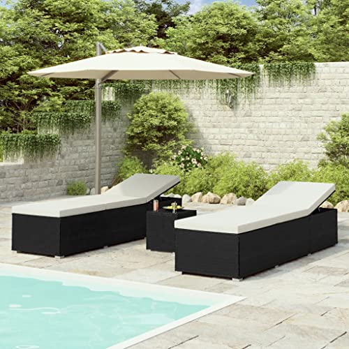 SDWEHO7 2er Set Sonnenliegen mit Teetisch, Garten Liegestuhl, Gartenliege mit Verstellbarer Rückenlehne und Auflagen, Outdoor Liege für Balkon Terrasse, Poly Rattan Schwarz von SDWEHO7