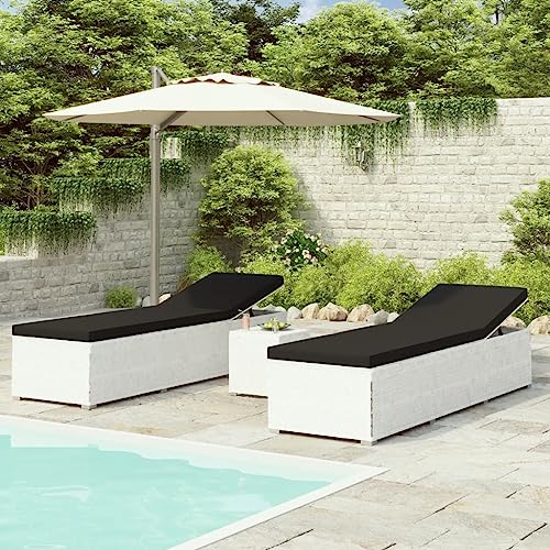 SDWEHO7 2er Set Sonnenliegen mit Teetisch, Garten Liegestuhl, Gartenliege mit Verstellbarer Rückenlehne und Auflagen, Outdoor Liege für Balkon Terrasse, Poly Rattan Weiß von SDWEHO7