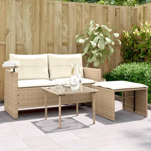 SDWEHO7 3er-Set Gartenmöbel, Outdoor Sitzgruppe mit Auflagen & Tisch, Balkonmöbel Balkonset Terrassenmöbel Garten Lounge Set, Beige Poly Rattan von SDWEHO7