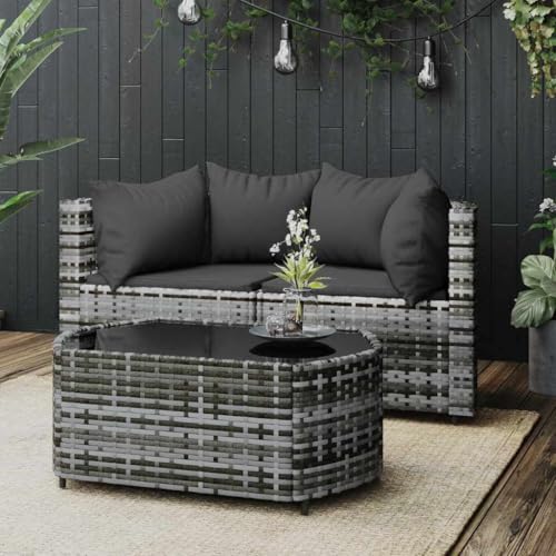 SDWEHO7 3er-Set Gartenmöbel, Outdoor Sitzgruppe mit Auflagen & Tisch, Balkonmöbel Balkonset Terrassenmöbel Garten Lounge Set, Grau Poly Rattan von SDWEHO7