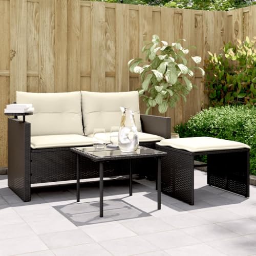 SDWEHO7 3er-Set Gartenmöbel, Outdoor Sitzgruppe mit Auflagen & Tisch, Balkonmöbel Balkonset Terrassenmöbel Garten Lounge Set, Schwarz Poly Rattan von SDWEHO7