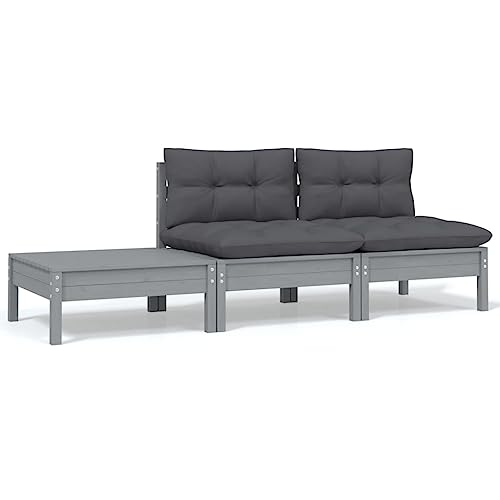 SDWEHO7 3er-Set Outdoor Sitzgruppe Balkon Lounge Möbel Outdoor Gartensofa Gartenmöbel Set mit Auflagen, Grau Kiefer Massivholz von SDWEHO7