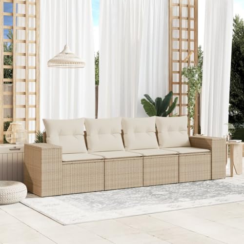 SDWEHO7 4er-Set Gartenmöbel, Outdoor Sitzgruppe Balkonmöbel Balkonset Terrassenmöbel Garten Lounge Set mit Auflagen, Beige Poly Rattan von SDWEHO7