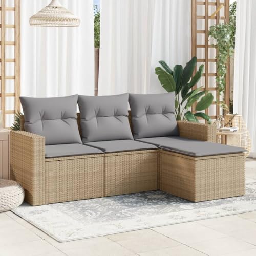 SDWEHO7 4er-Set Gartenmöbel, Outdoor Sitzgruppe Balkonmöbel Balkonset Terrassenmöbel Garten Lounge Set mit Auflagen, Beige Poly Rattan von SDWEHO7