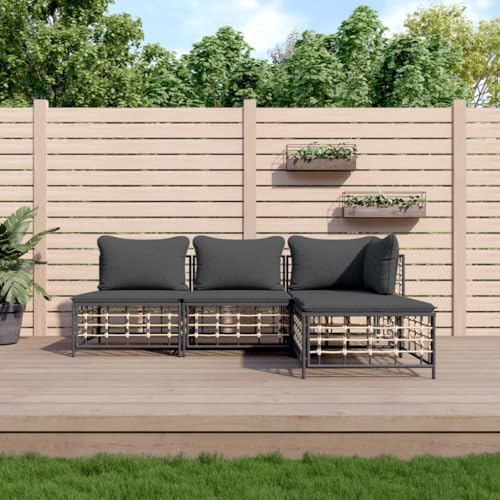 SDWEHO7 4er-Set Gartenmöbel, Outdoor Sitzgruppe mit Hocker & Auflagen, Balkonmöbel Balkonset Terrassenmöbel Garten Lounge Set, Anthrazit Poly Rattan von SDWEHO7