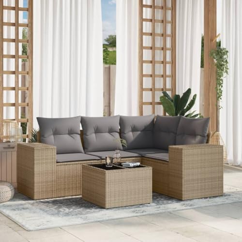 SDWEHO7 5er-Set Gartenmöbel, Outdoor Sitzgruppe Balkonmöbel Balkonset Terrassenmöbel Garten Lounge Set mit Auflagen, Beige Poly Rattan von SDWEHO7