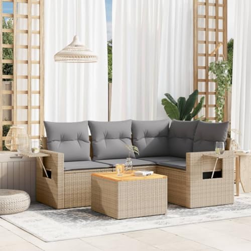 SDWEHO7 5er-Set Gartenmöbel, Outdoor Sitzgruppe Balkonmöbel Balkonset Terrassenmöbel Garten Lounge Set mit Auflagen, Beige Poly Rattan von SDWEHO7