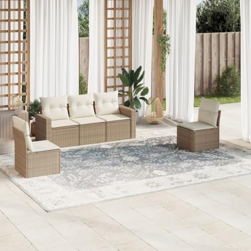 SDWEHO7 5er-Set Gartenmöbel, Outdoor Sitzgruppe Balkonmöbel Balkonset Terrassenmöbel Garten Lounge Set mit Auflagen, Beige Poly Rattan von SDWEHO7