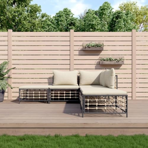 SDWEHO7 5er-Set Gartenmöbel, Outdoor Sitzgruppe mit Hocker, Auflagen & Tisch, Balkonmöbel Balkonset Terrassenmöbel Garten Lounge Set, Anthrazit Poly Rattan von SDWEHO7
