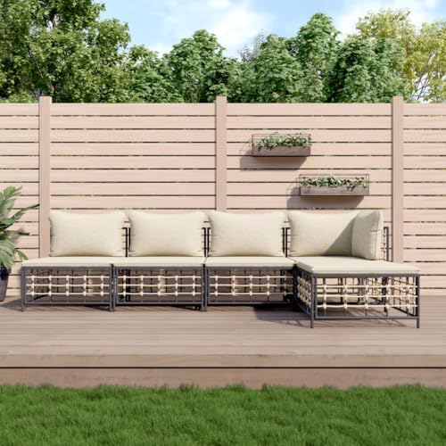 SDWEHO7 5er-Set Gartenmöbel, Outdoor Sitzgruppe mit Hocker, Auflagen & Tisch, Balkonmöbel Balkonset Terrassenmöbel Garten Lounge Set, Anthrazit Poly Rattan von SDWEHO7