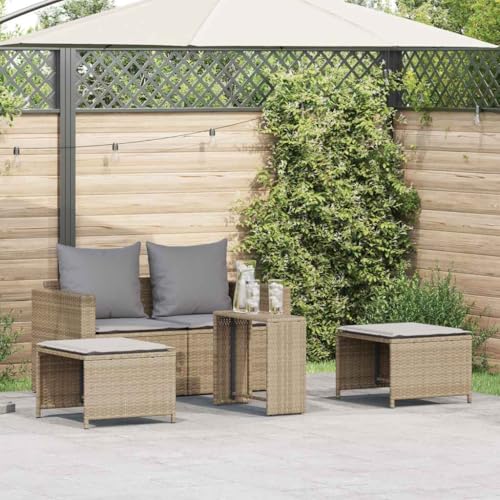 5er-Set Gartenmöbel, Outdoor Sitzgruppe mit Hocker, Auflagen & Tisch, Balkonmöbel Balkonset Terrassenmöbel Garten Lounge Set, Beige Poly Rattan von SDWEHO7