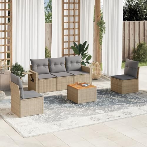 SDWEHO7 6er-Set Gartenmöbel, Outdoor Sitzgruppe mit Auflagen & Gartentisch, Balkonmöbel Balkonset Terrassenmöbel Garten Lounge Set Beige Poly Rattan von SDWEHO7