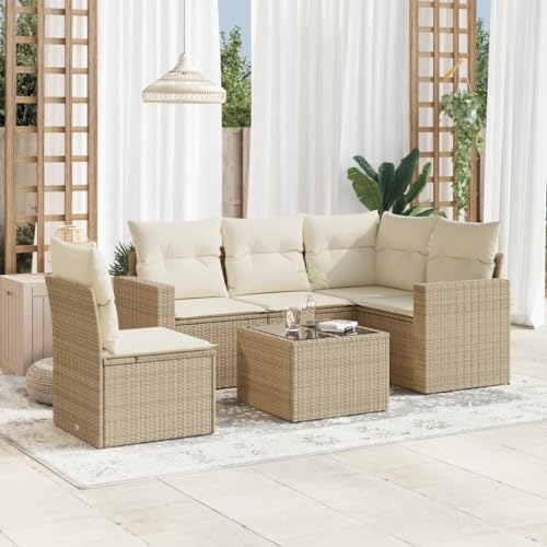6er-Set Gartenmöbel, Outdoor Sitzgruppe mit Auflagen & Gartentisch, Balkonmöbel Balkonset Terrassenmöbel Garten Lounge Set Beige Poly Rattan von SDWEHO7