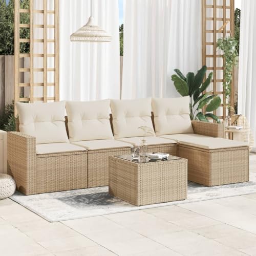 SDWEHO7 6er-Set Gartenmöbel, Outdoor Sitzgruppe mit Auflagen & Gartentisch, Balkonmöbel Balkonset Terrassenmöbel Garten Lounge Set Beige Poly Rattan von SDWEHO7