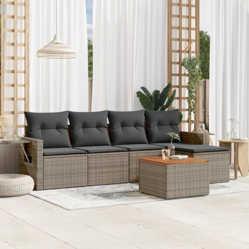 SDWEHO7 6er-Set Gartenmöbel, Outdoor Sitzgruppe mit Auflagen & Gartentisch, Balkonmöbel Balkonset Terrassenmöbel Garten Lounge Set Grau Poly Rattan von SDWEHO7
