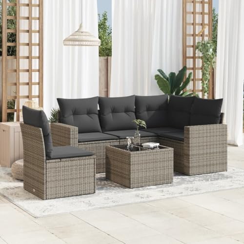 SDWEHO7 6er-Set Gartenmöbel, Outdoor Sitzgruppe mit Auflagen & Gartentisch, Balkonmöbel Balkonset Terrassenmöbel Garten Lounge Set Grau Poly Rattan von SDWEHO7