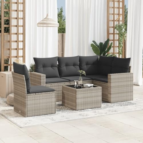 SDWEHO7 6er-Set Gartenmöbel, Outdoor Sitzgruppe mit Auflagen & Gartentisch, Balkonmöbel Balkonset Terrassenmöbel Garten Lounge Set Hellgrau Poly Rattan von SDWEHO7