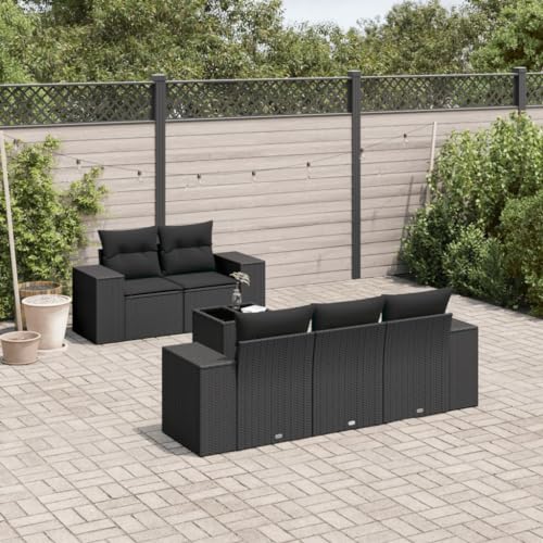 SDWEHO7 6er-Set Gartenmöbel, Outdoor Sitzgruppe mit Auflagen & Gartentisch, Balkonmöbel Balkonset Terrassenmöbel Garten Lounge Set Schwarz Poly Rattan von SDWEHO7