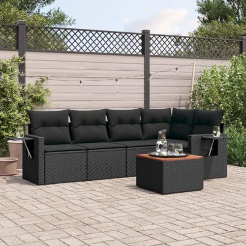SDWEHO7 6er-Set Gartenmöbel, Outdoor Sitzgruppe mit Auflagen & Gartentisch, Balkonmöbel Balkonset Terrassenmöbel Garten Lounge Set Schwarz Poly Rattan von SDWEHO7
