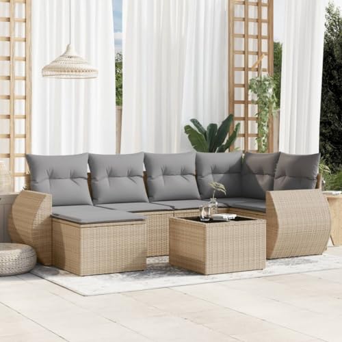 SDWEHO7 7er-Set Gartenmöbel, Outdoor Sitzgruppe mit Auflagen & Gartentisch, Balkonmöbel Balkonset Terrassenmöbel Garten Lounge Set Beige Poly Rattan von SDWEHO7