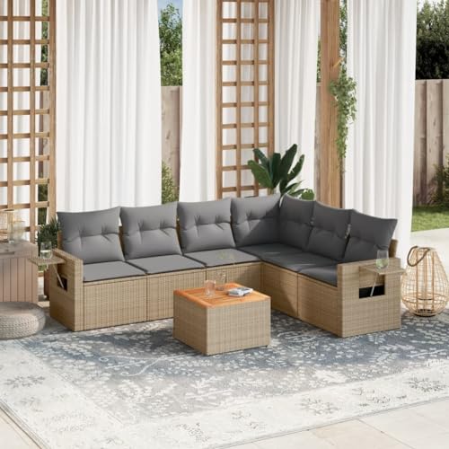 7er-Set Gartenmöbel, Outdoor Sitzgruppe mit Auflagen & Gartentisch, Balkonmöbel Balkonset Terrassenmöbel Garten Lounge Set Beige Poly Rattan von SDWEHO7