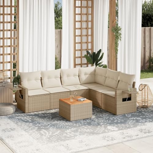7er-Set Gartenmöbel, Outdoor Sitzgruppe mit Auflagen & Gartentisch, Balkonmöbel Balkonset Terrassenmöbel Garten Lounge Set Beige Poly Rattan von SDWEHO7