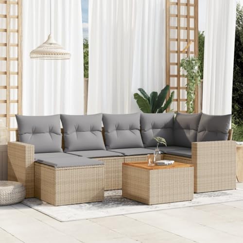 SDWEHO7 7er-Set Gartenmöbel, Outdoor Sitzgruppe mit Auflagen & Gartentisch, Balkonmöbel Balkonset Terrassenmöbel Garten Lounge Set Beige Poly Rattan von SDWEHO7