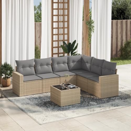 SDWEHO7 7er-Set Gartenmöbel, Outdoor Sitzgruppe mit Auflagen & Gartentisch, Balkonmöbel Balkonset Terrassenmöbel Garten Lounge Set Beige Poly Rattan von SDWEHO7