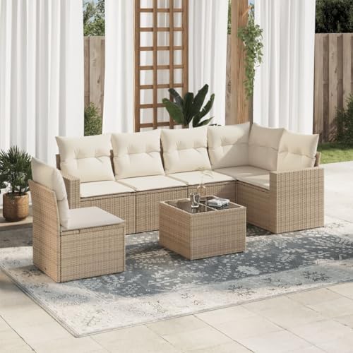SDWEHO7 7er-Set Gartenmöbel, Outdoor Sitzgruppe mit Auflagen & Gartentisch, Balkonmöbel Balkonset Terrassenmöbel Garten Lounge Set Beige Poly Rattan von SDWEHO7