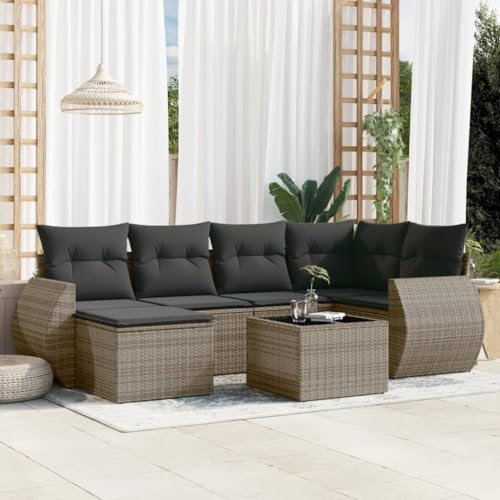 SDWEHO7 7er-Set Gartenmöbel, Outdoor Sitzgruppe mit Auflagen & Gartentisch, Balkonmöbel Balkonset Terrassenmöbel Garten Lounge Set Grau Poly Rattan von SDWEHO7